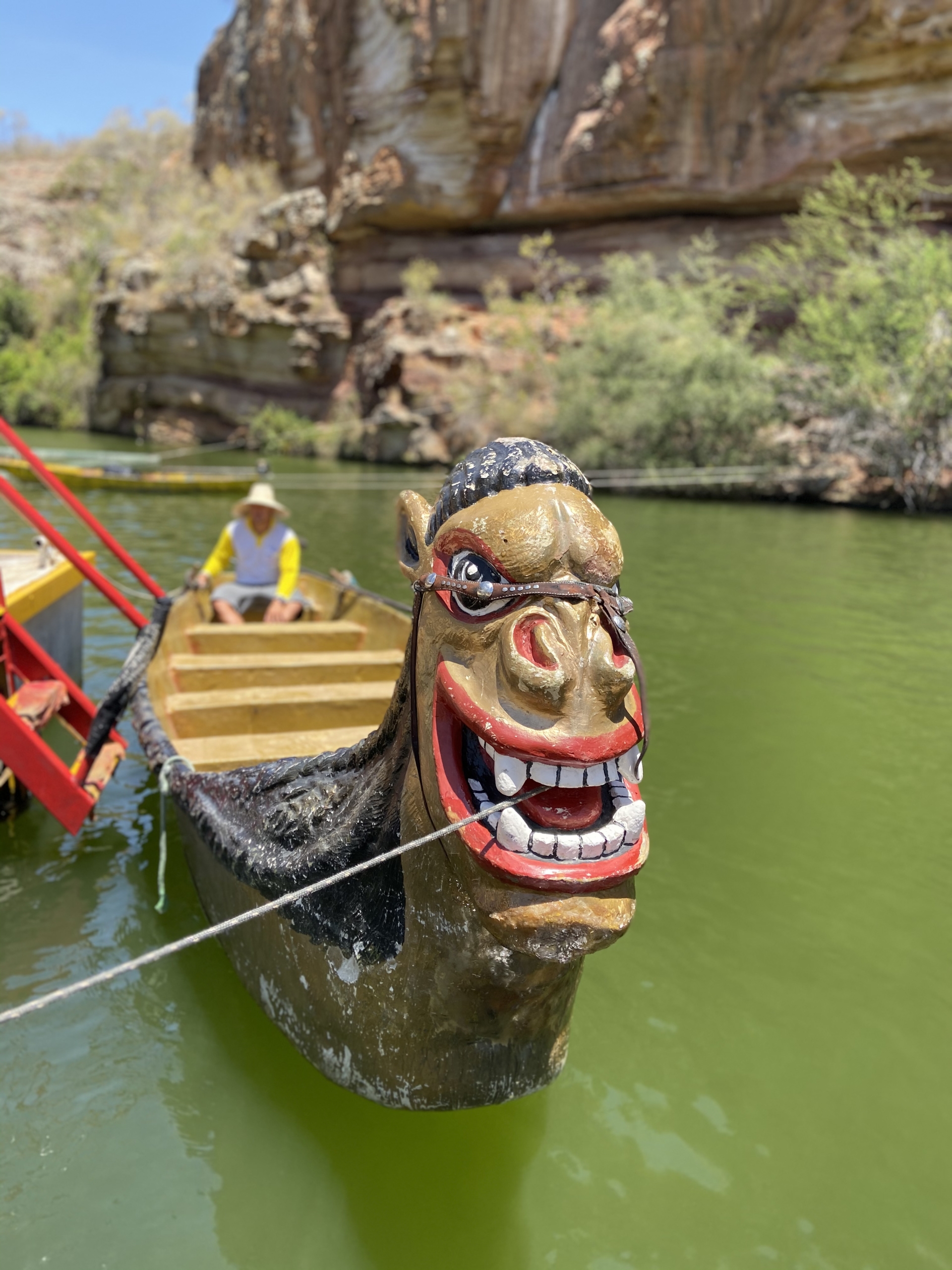 A painted carranca on the prow of a wooden boat in green water — black mane, wide human eyes ringed in red, and an open red mouth crowded with white teeth. A boatman in a straw hat sits behind it; sandstone cliffs rise across the water.